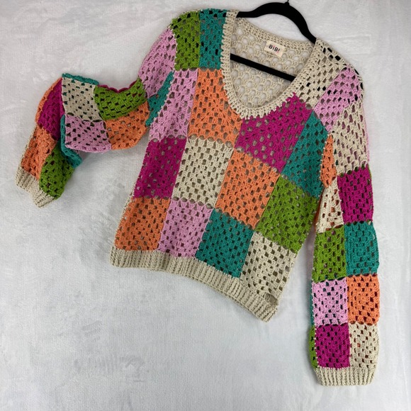 BiBi Sweaters - BiBi Womens Boho Patchwork Crochet Granny Square Sweater V-Neck Multicolor Large